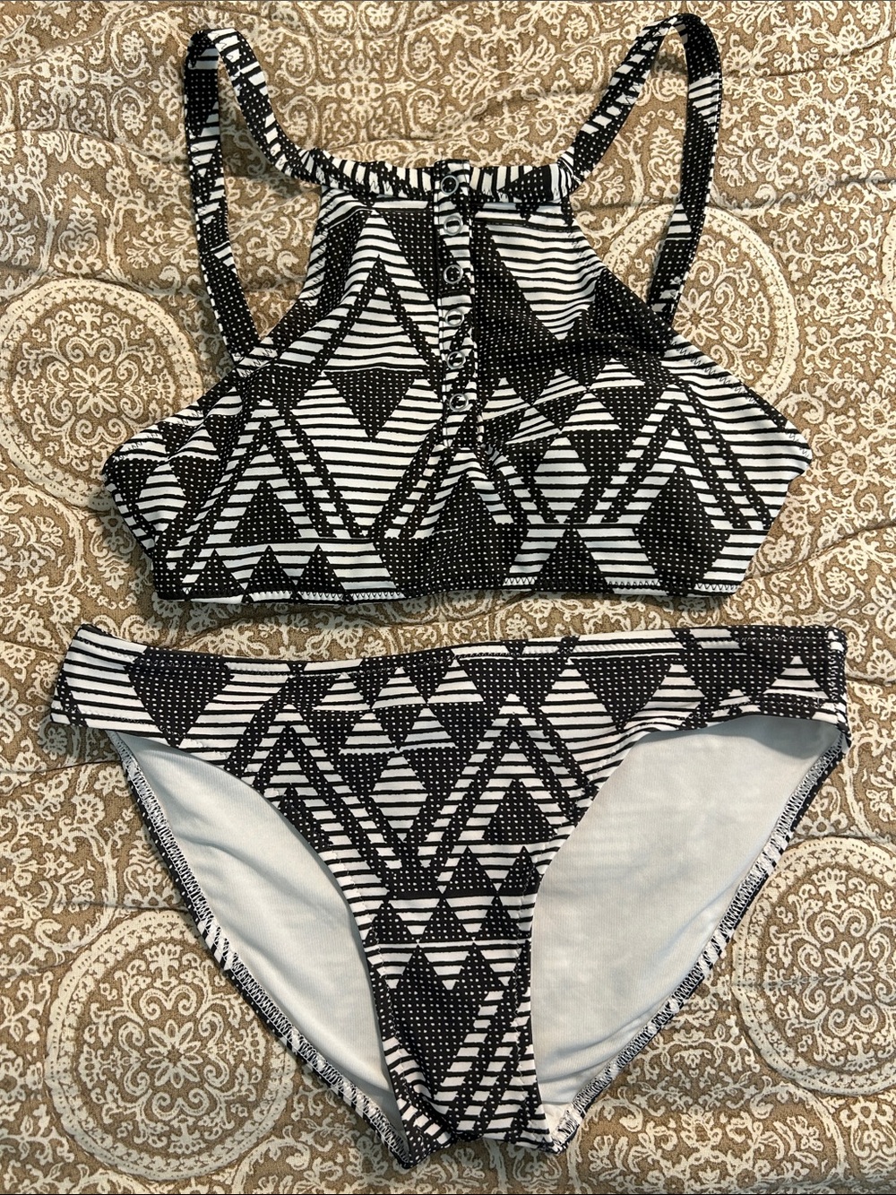 aerie White and Black Geometric Bikini, Swimsuit, Small